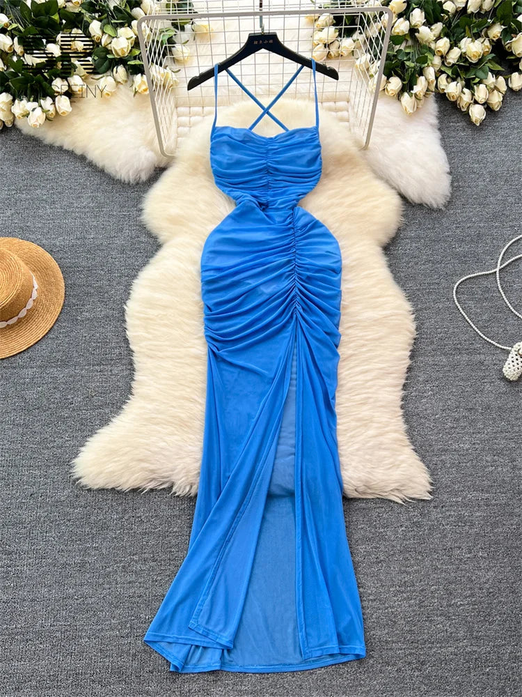Backless Strap Ruched Maxi Dress