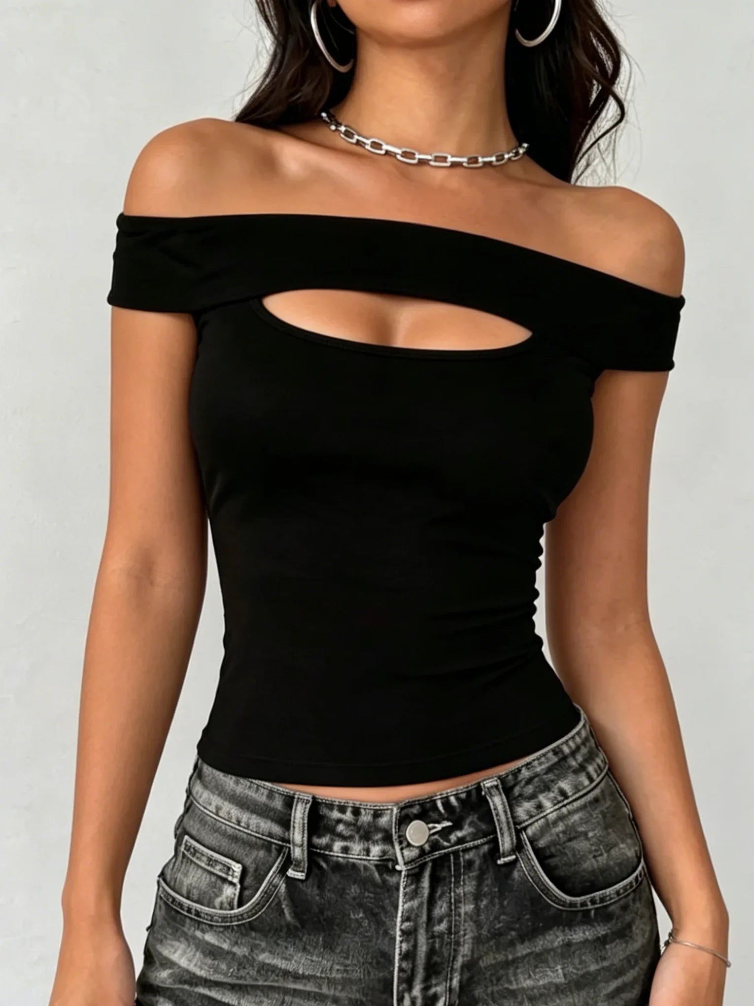 Sexy Black Off Shoulder Cut Out Crop Top