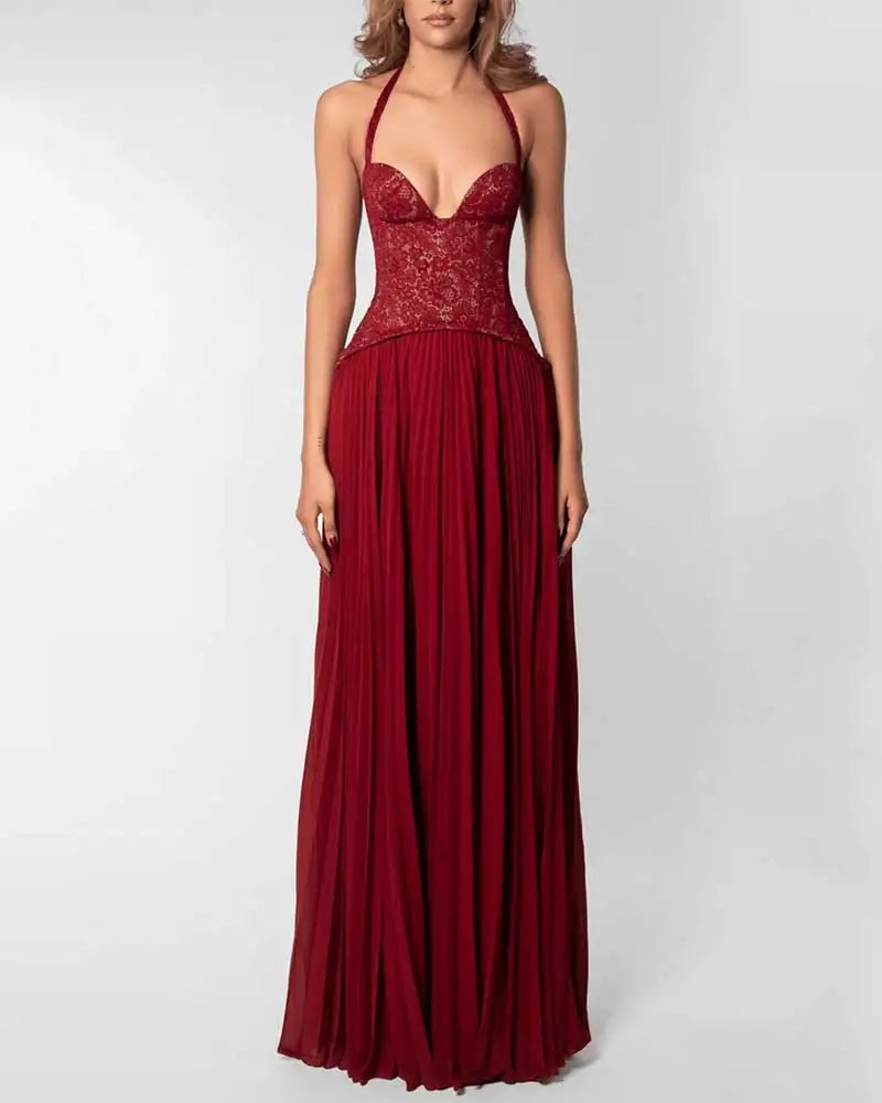 Elegant Corset Halter Pleated Maxi Dress