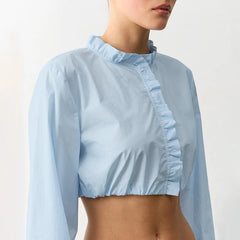 Autumn New Versatile Commuter Pullover Blouse Ruffle Trim Button Short Top