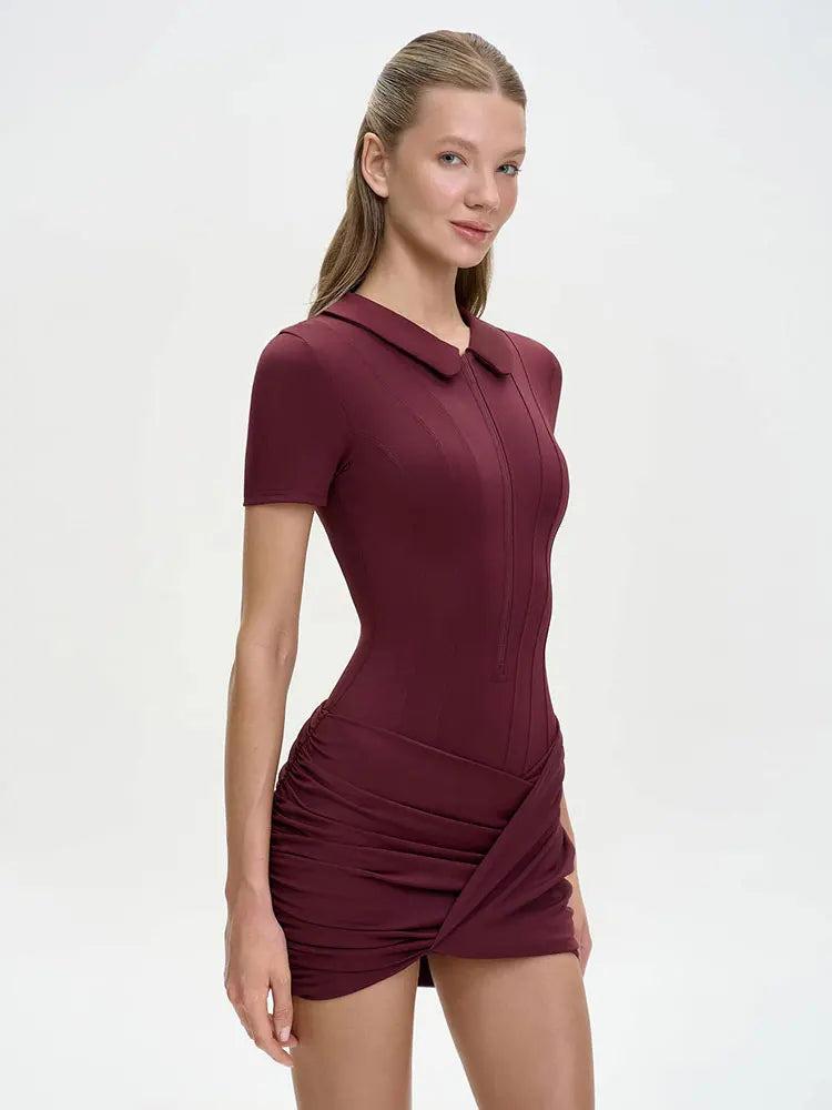 Short Sleeve Zipper Sports Bodysuit Rompers Casual Draped Ruched Slim Fit Fitness Bodysuits Female