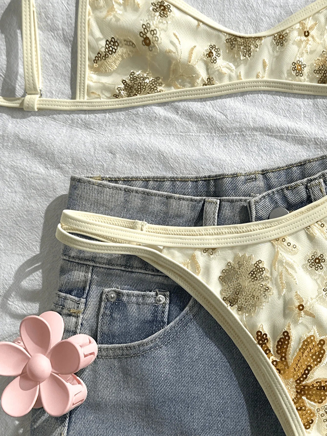 Beige Floral Embroidery Pleate Push Up Hollow Out Thong Swimsuit