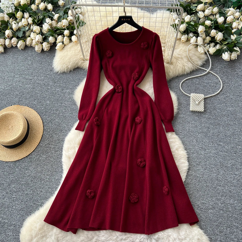 3D Floral Knitted Long Dress