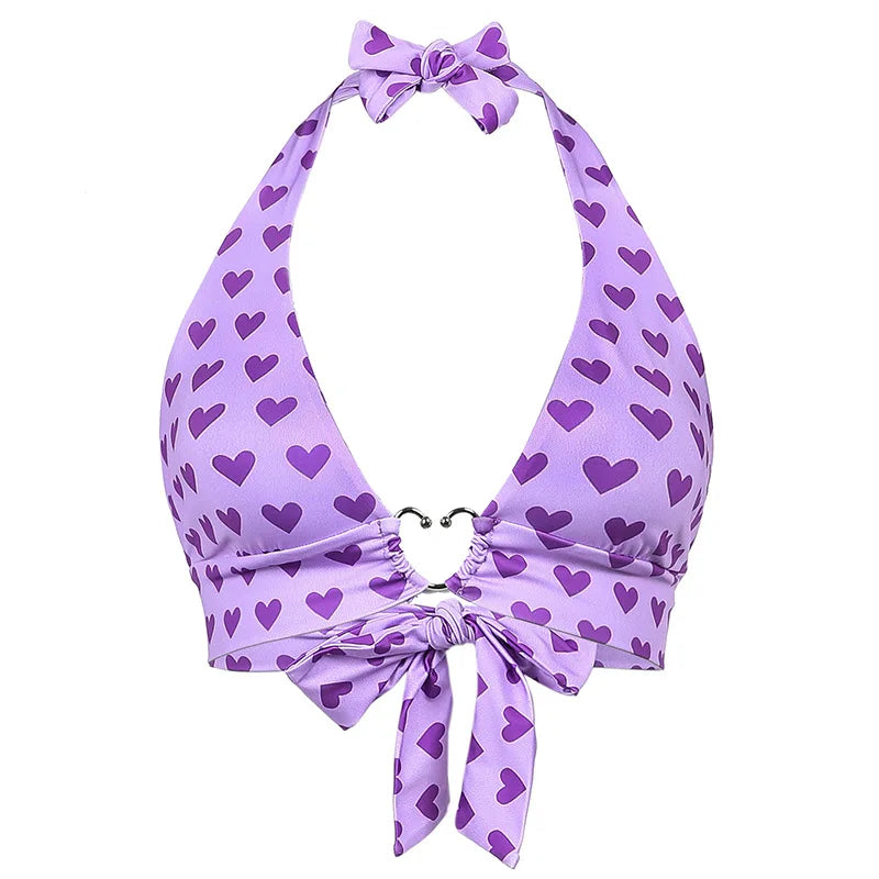 Pink Heart Print Cute Bustier Crop Top