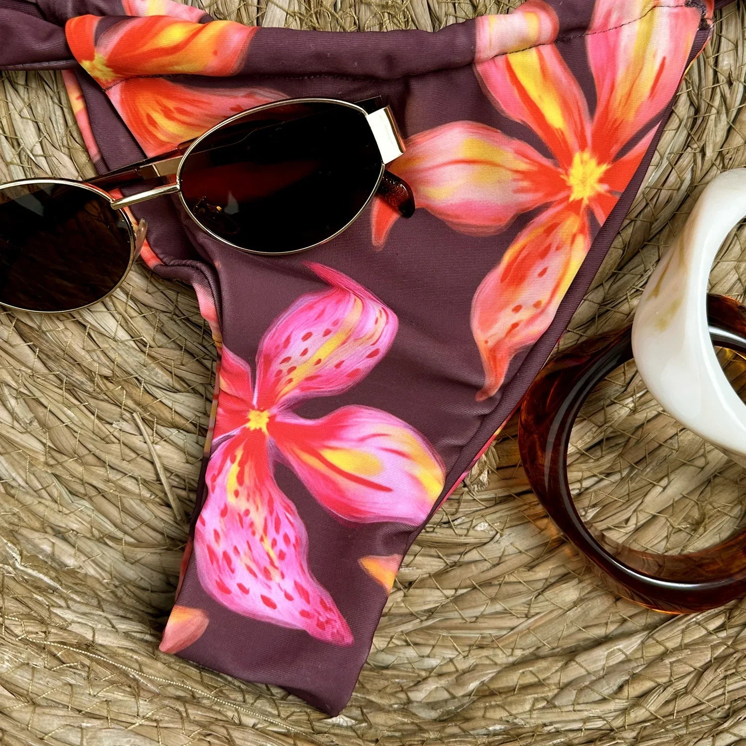Sexy Coffee Flower Print Bikini Set