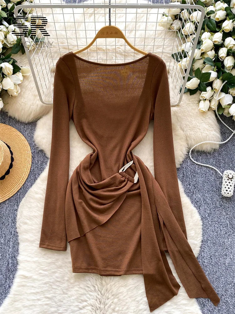 Sexy Backless Bodycon Dresss Autumn Long Sleeve V Neck Metal Button Sashes American Spicy Short Dresses