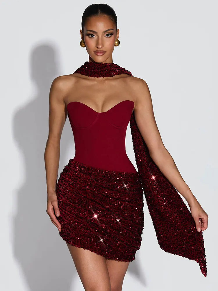 Strapless Back Lace-up Scarf Sexy Mini Dress