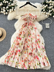 Floral Print Pleated Long Dress