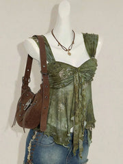 Mesh Knot Front Pleating Strap A-line Crop Top
