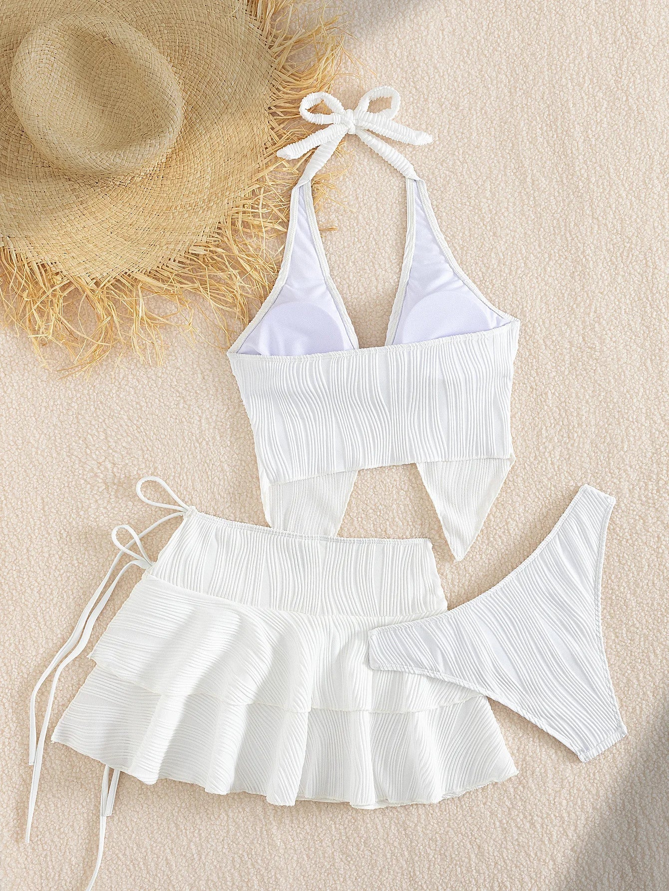 Sexy White Pleate Skirt 3 Piece Bikini Set