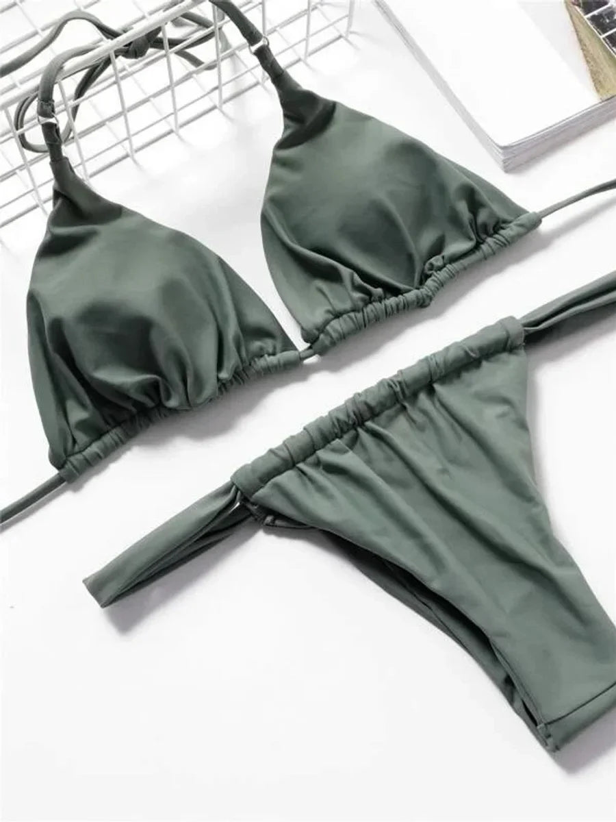 Wrinkled High Cut Mini Micro Thong Bikini