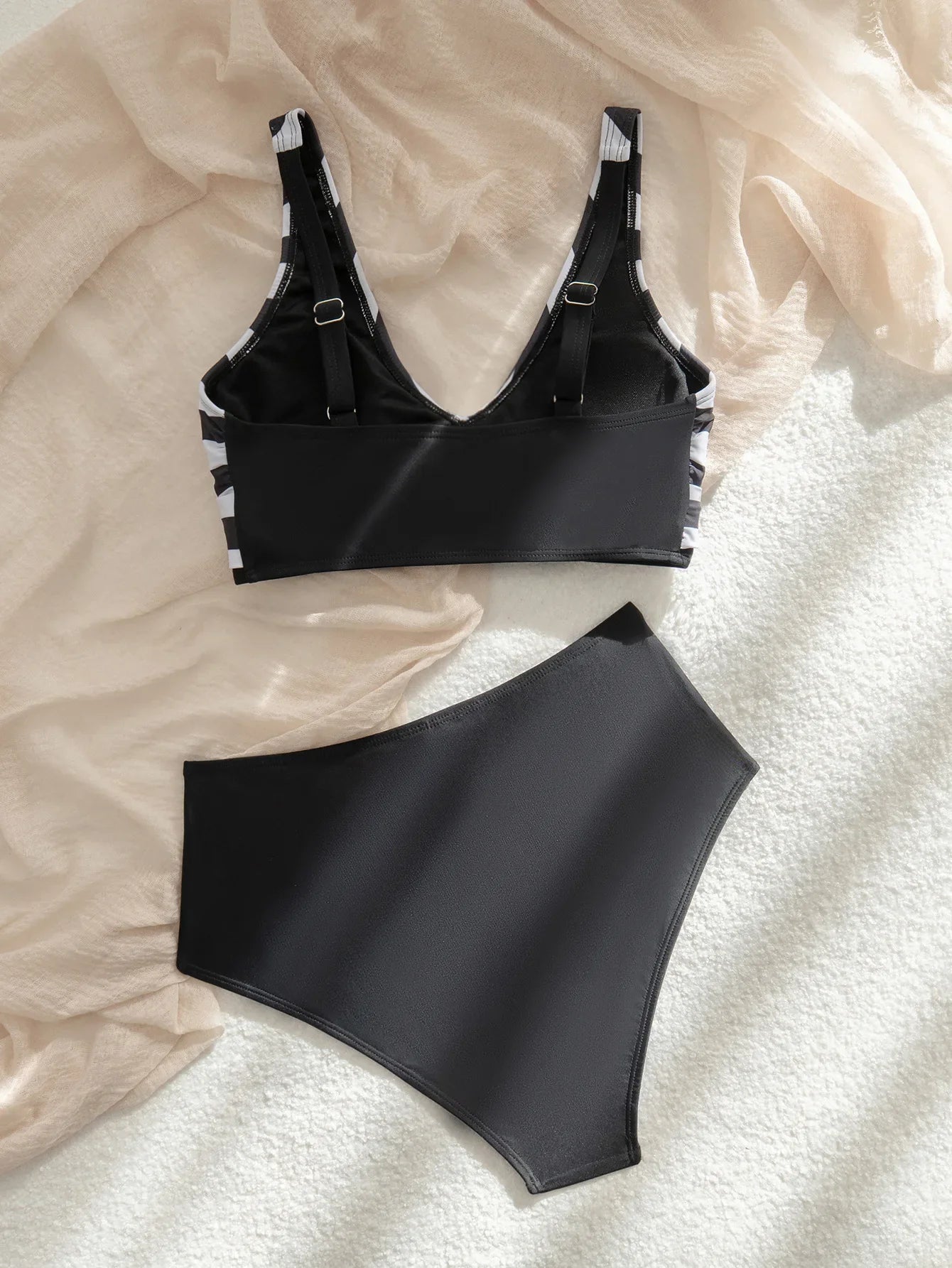 Vintage Black White Patchwork Striped Bikini Set
