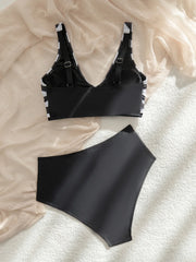 Vintage Black White Patchwork Striped Bikini Set