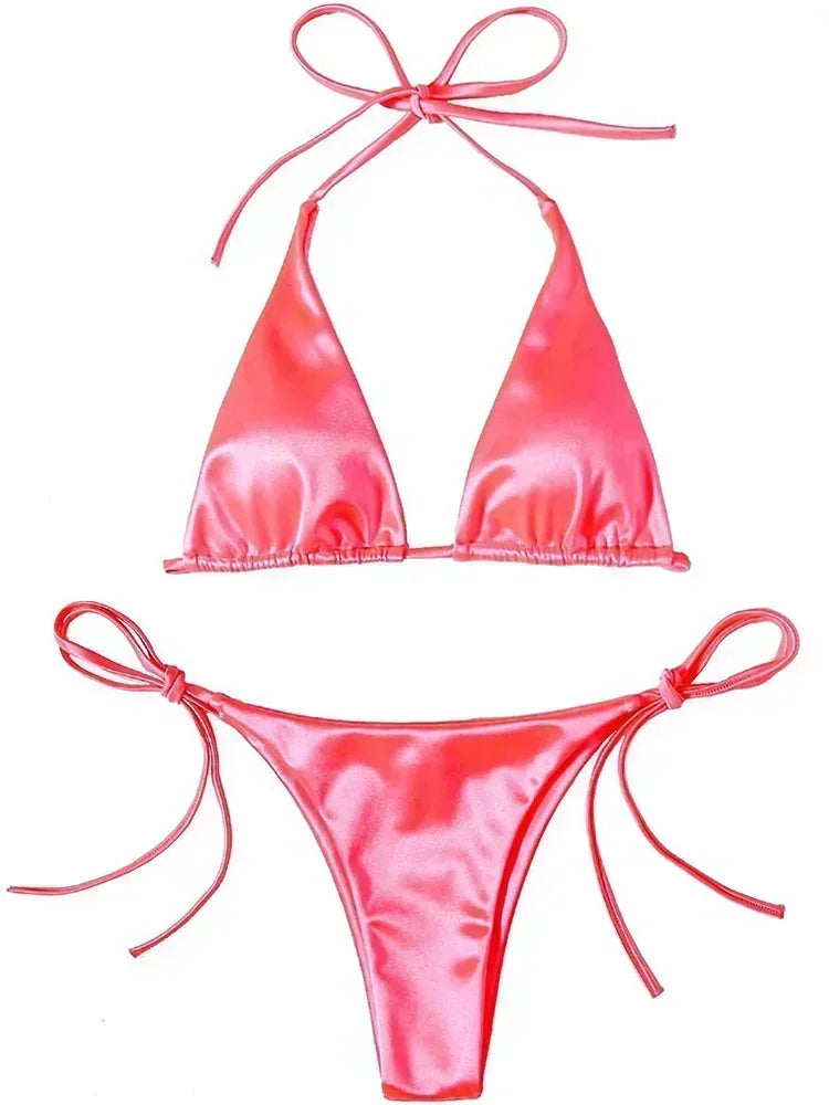 Wrap Around Halter Metallic Satin Bikini
