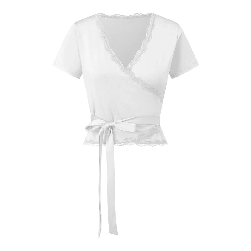 Lace Trim Wrap V Neck T-shirt Short Sleeve Self Tie Waist Slim Cropped Blouse Y2K Coquette Going Out Casual Crop Tops