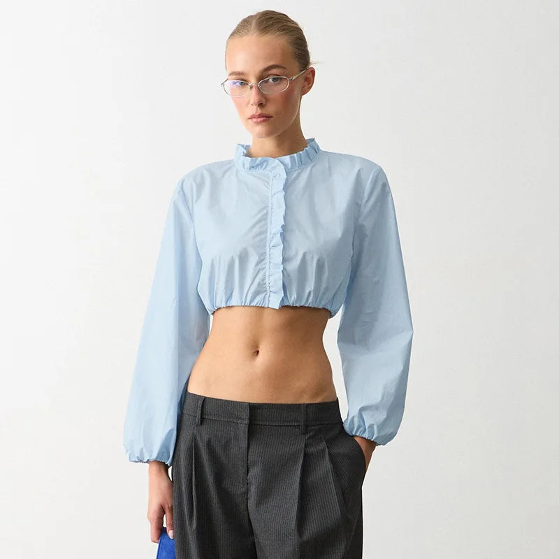 Autumn New Versatile Commuter Pullover Blouse Ruffle Trim Button Short Top
