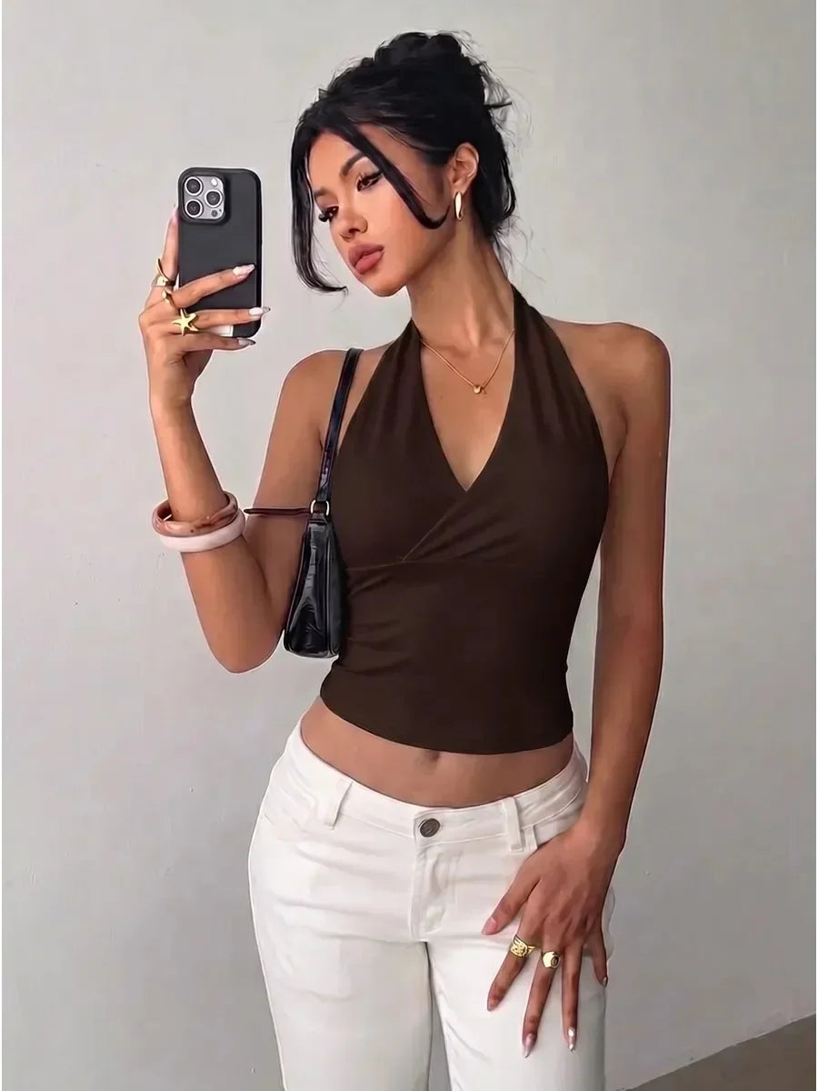 Solid Color Halter Neck V-Neck Sleeveless Top