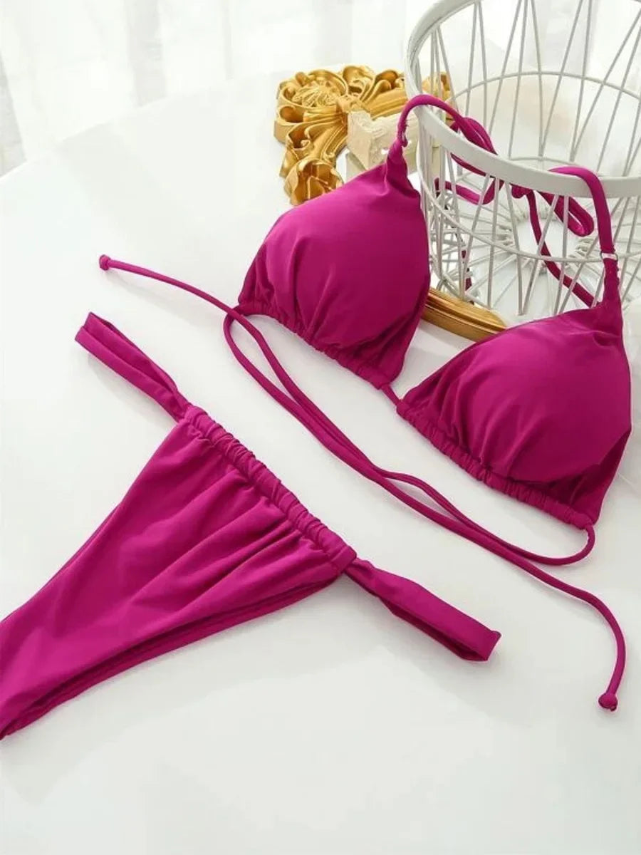 Wrinkled High Cut Mini Micro Thong Bikini