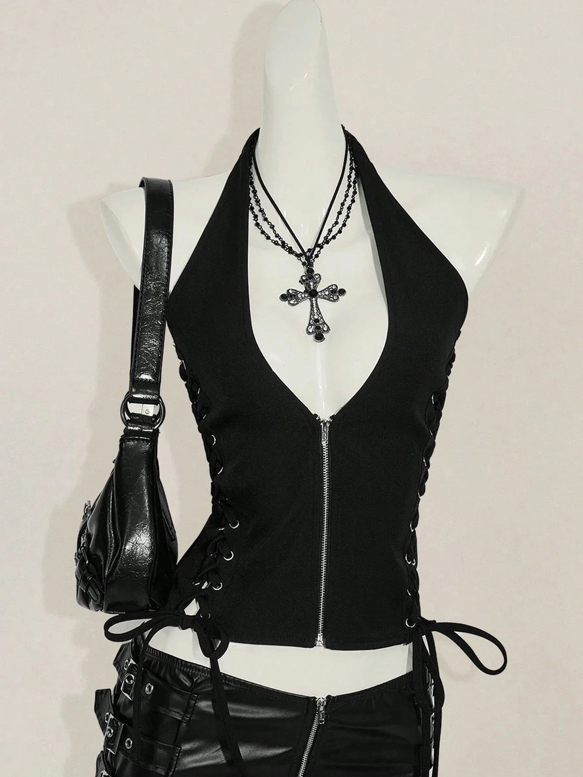 Gothic Zippered Front Opening Slim Fit Side Tie-Strap Backless Crop Top