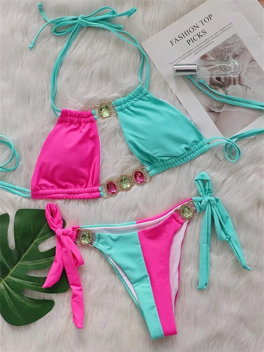 Luxury Rhinestones Splicing Bikini Set