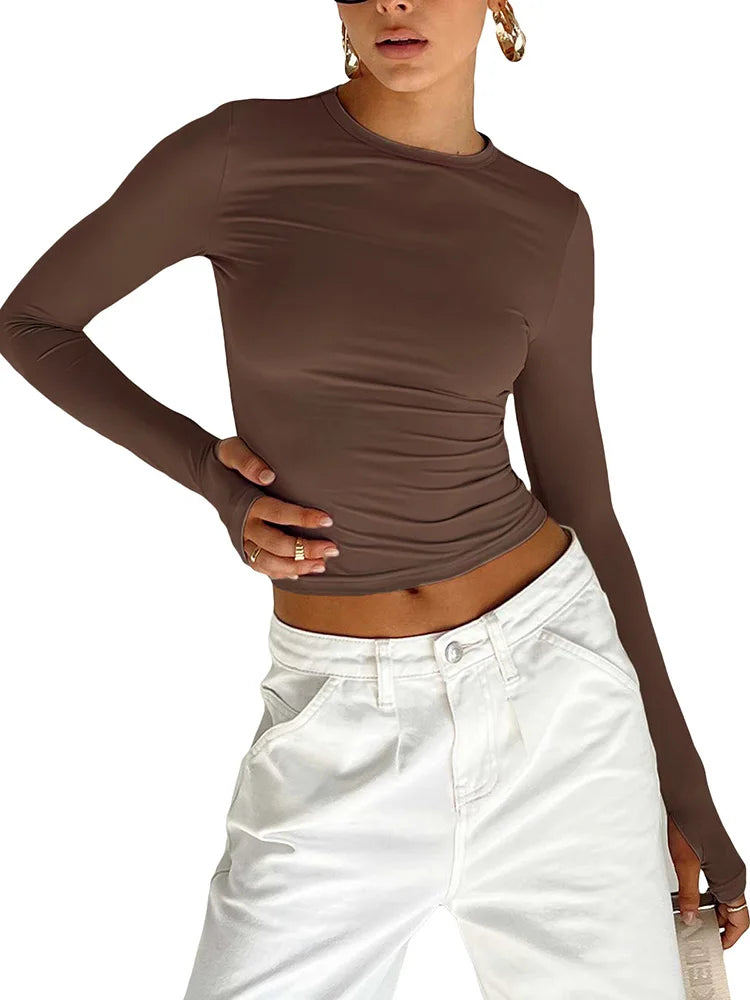 T-shirt Long Sleeve Crew Neck Solid Slim Fit Ladies Crop Top