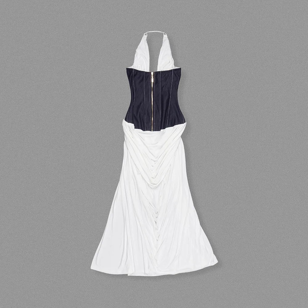 Luxury Halter V-Neck White Maxi Dress