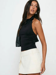 Solid Color Backless Sleeveless Halter Neck Draped Neck Fitted Pleated Crop Top