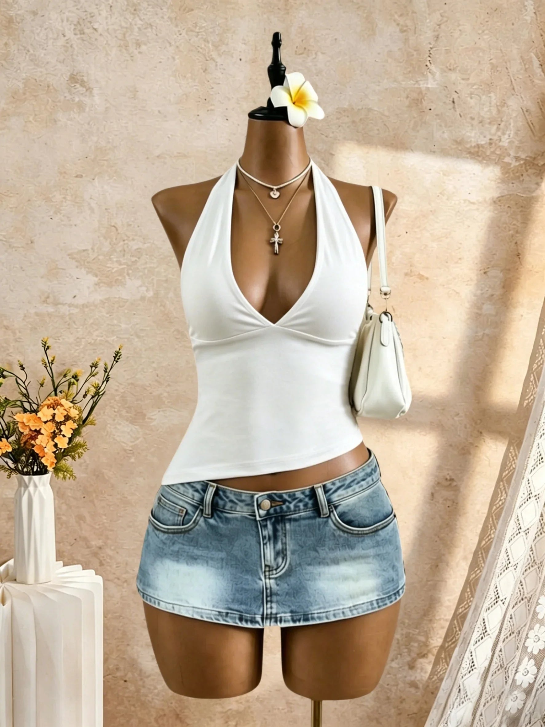 Halter Deep V Neck Sleeveless Slim Fit Cropped Cami Top
