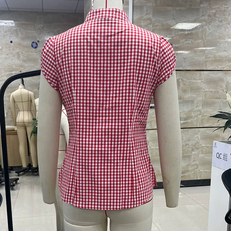 Vintage Plaid Cap Sleeve Fitted Blouse Tops