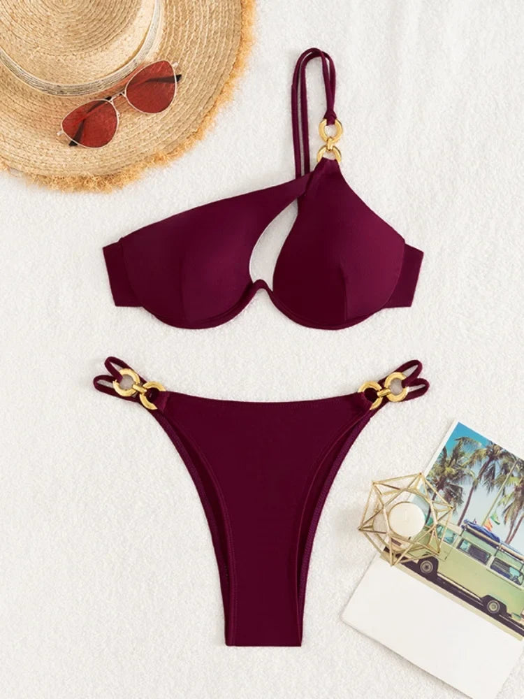 Sexy Metal One Shoulder Bikini Set