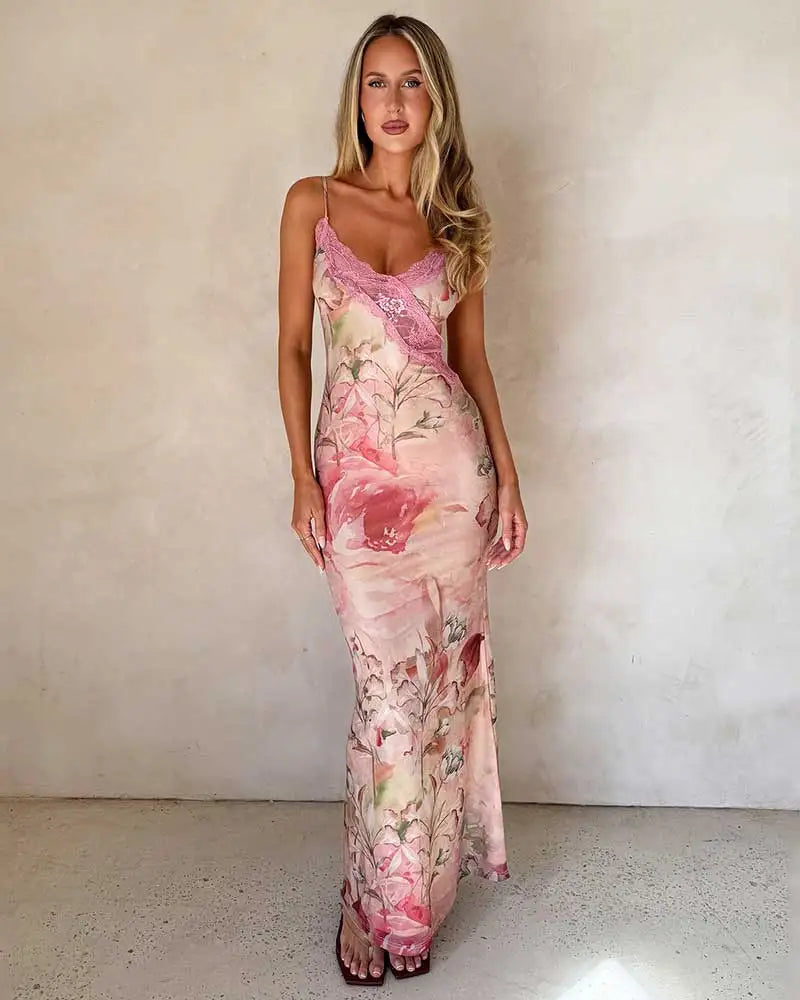 Print Lace Splicing Long Dress