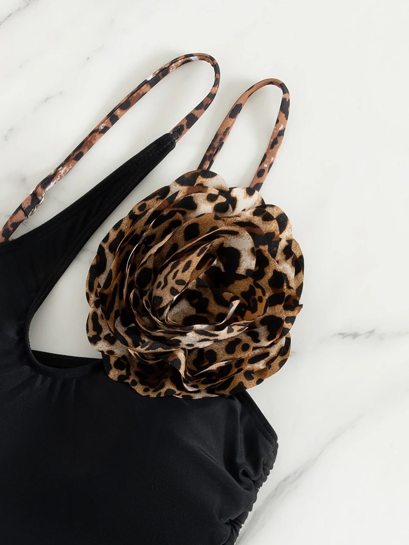Sexy One Shoulder Swimwear Women Vintage 3D Flower Black Leopard Print Drawstring Side Slim Bathing Suit One Piece Swimsuit