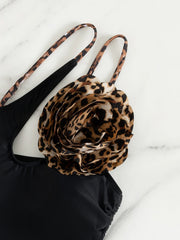 Sexy One Shoulder Swimwear Women Vintage 3D Flower Black Leopard Print Drawstring Side Slim Bathing Suit One Piece Swimsuit