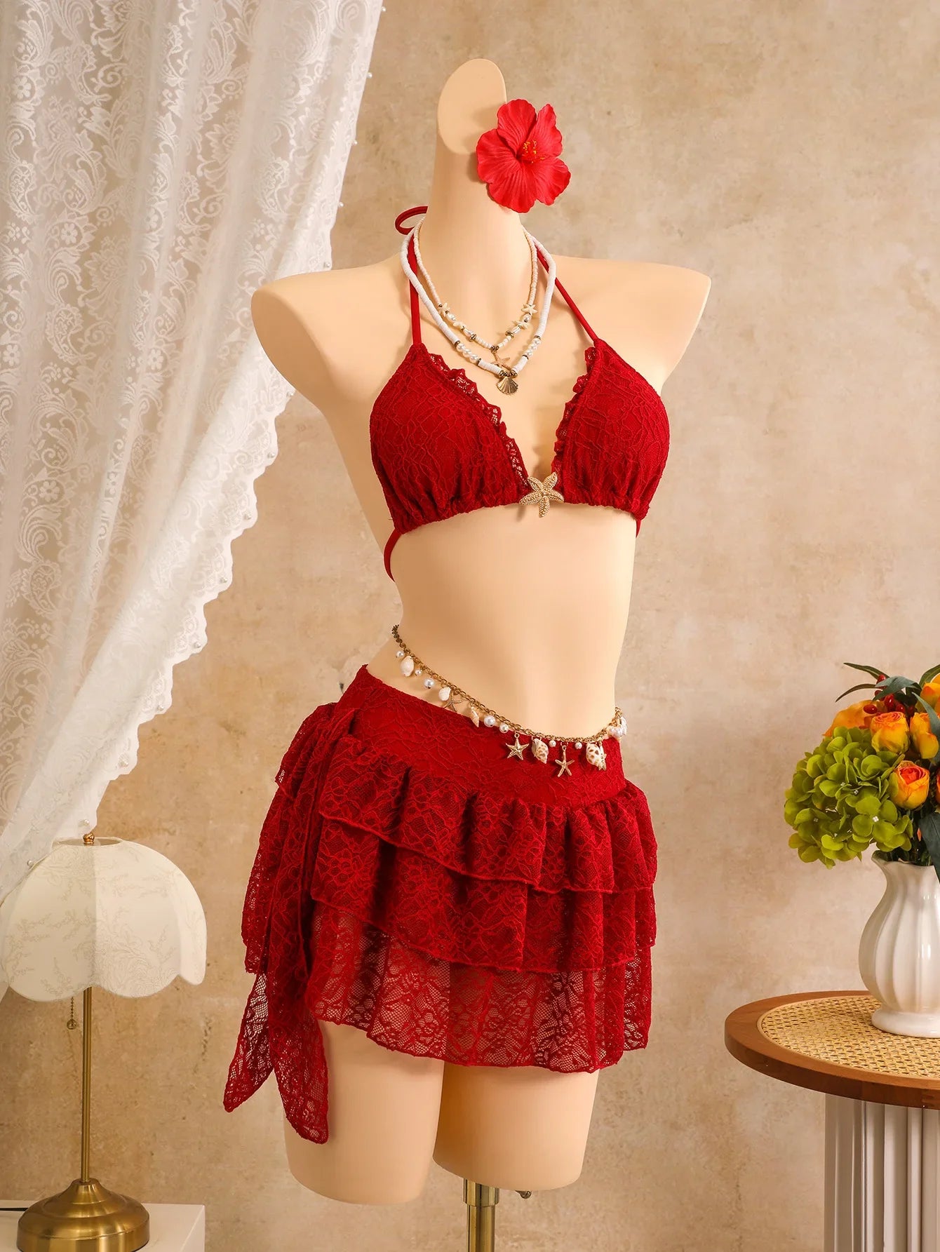 Vintage Red Pleate Skirt 3 Piece Bikini Set