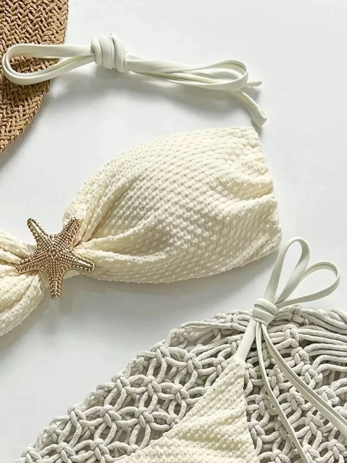 Metal Starfish Ornament Pleate Push Up Thong Swimsuit