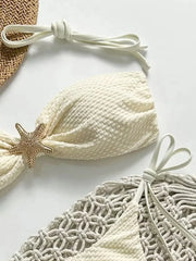 Metal Starfish Ornament Pleate Push Up Thong Swimsuit