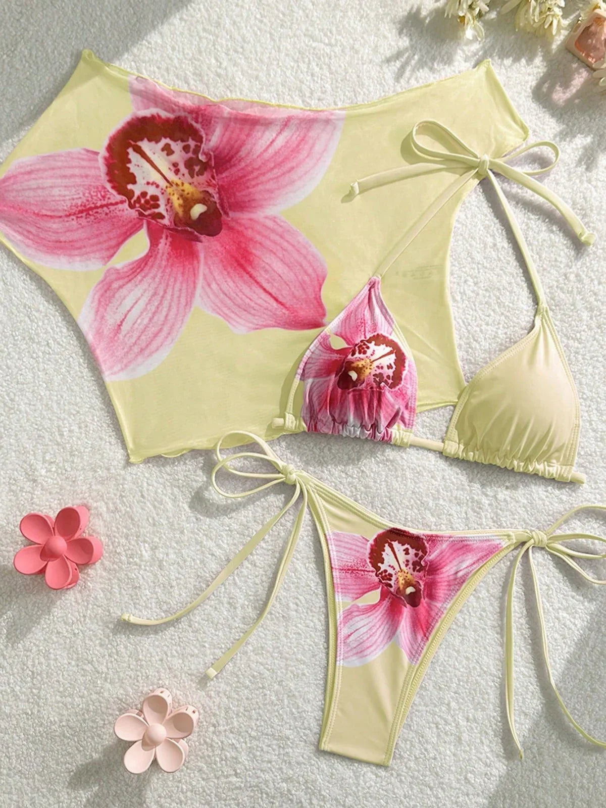 Sexy Pink Floral Print Short Sleeve Cover Up 3 Piece Bikini Set