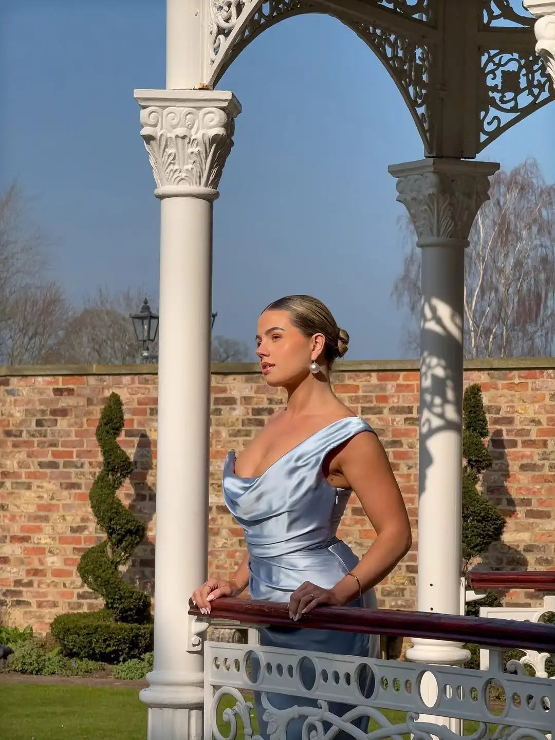 Sexy Light Blue Silky Satin One Shoulder Cowl Neck Draped Maxi Dress