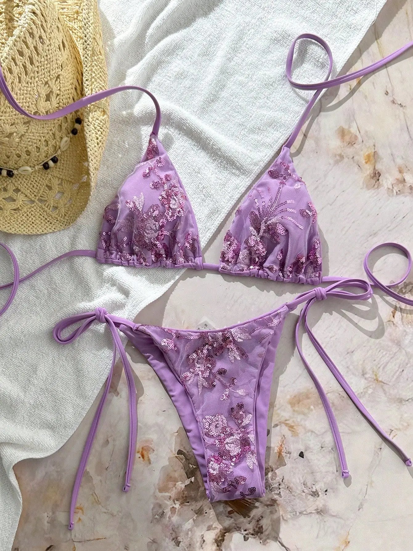 Sexy Purple Floral Embroidery Bikini Set