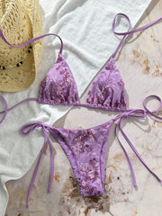 Sexy Purple Floral Embroidery Bikini Set
