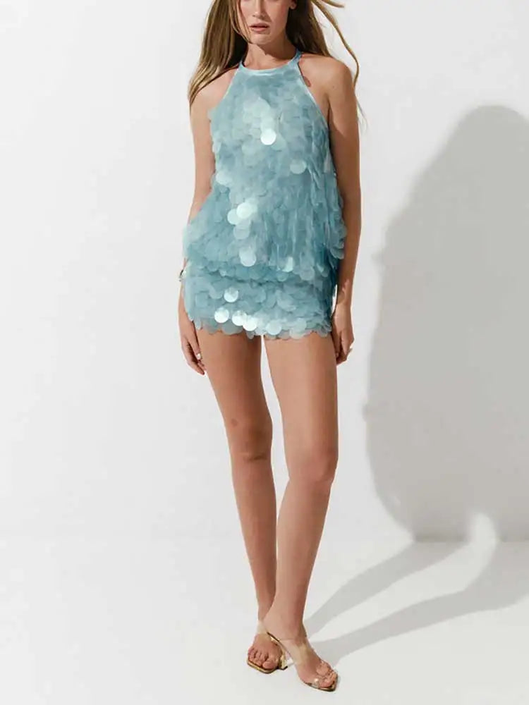 Halter Big Sequin Sleeveless Sexy Mini Bodycon Dress