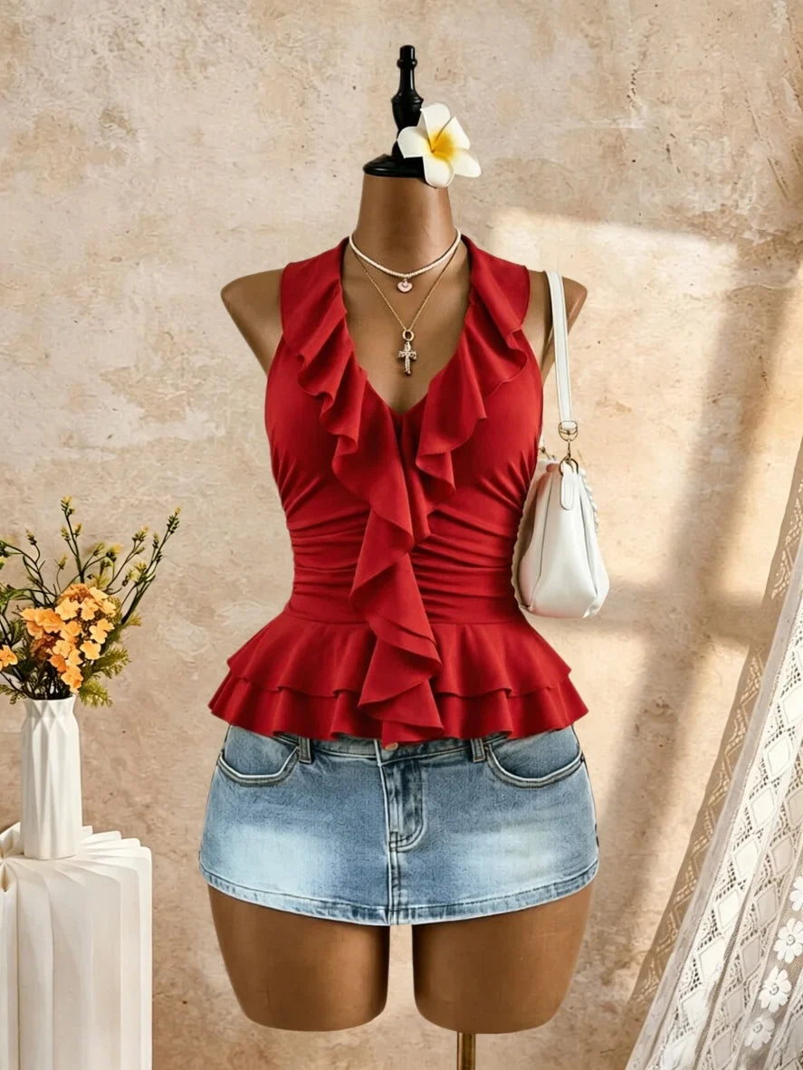 Halter V Neck Ruffle Trim Ruched Waist Peplum Hem Slim Fit Crop Cami Top