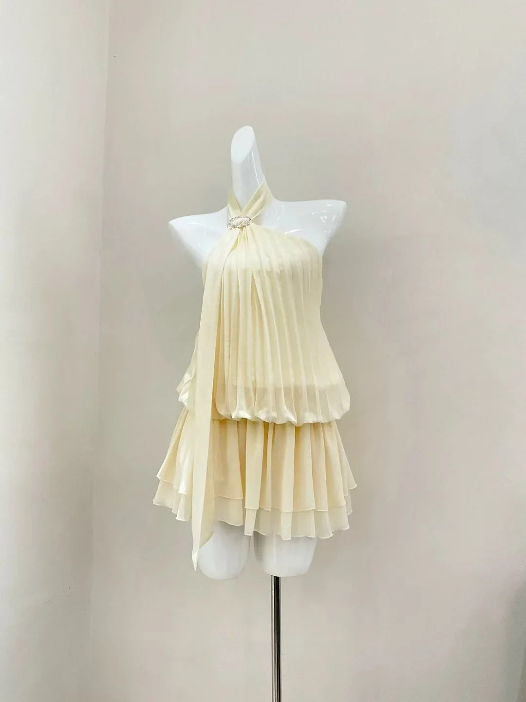 Womens Solid Color Elegant Pleated Halter Ribbon Mini Dress