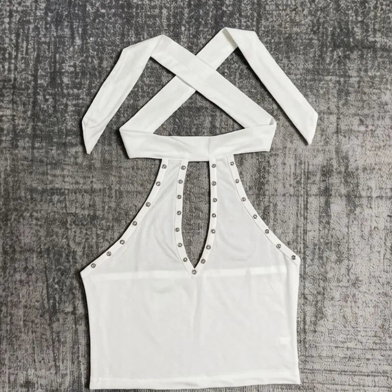 Commuting Gothic Style Rivet Embellished Halter Tank Top