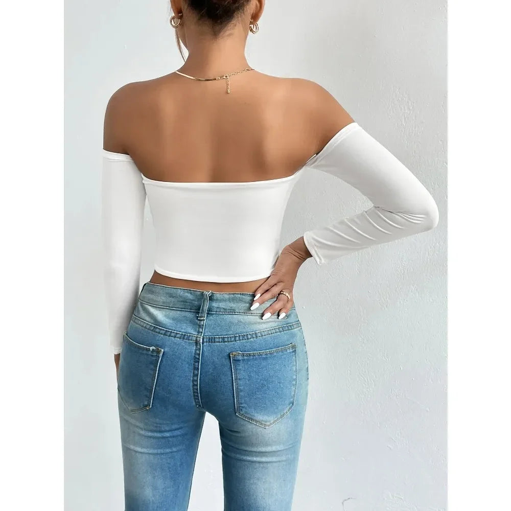 Women's Off Shoulder Long Sleeve Crop Top