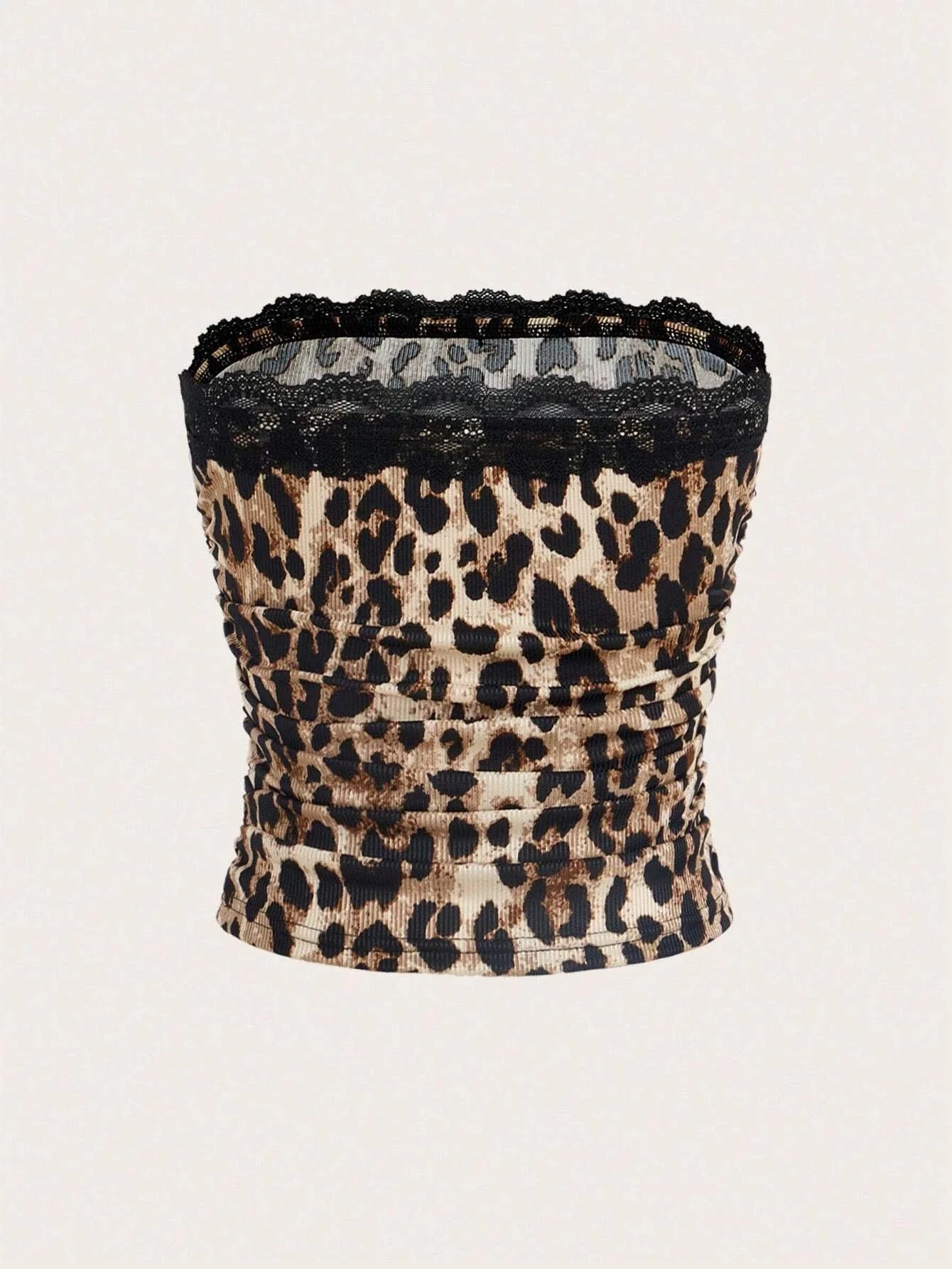 Lace Trim Leopard Printing Rib-Knit Strapless Bandeau Top