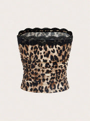 Lace Trim Leopard Printing Rib-Knit Strapless Bandeau Top