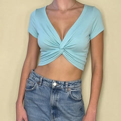 Solid Color V Neck Twisted Short Sleeve Crop Top