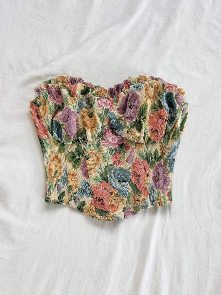 Fitted Elastic Pleating Ruffle Hem Crop Top