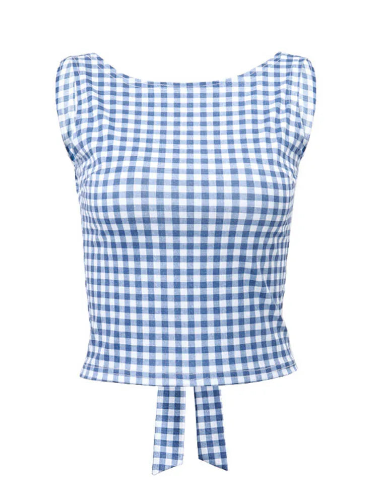 Korean Backless Plaid Print Bow Tie Sleeveless Crop Top